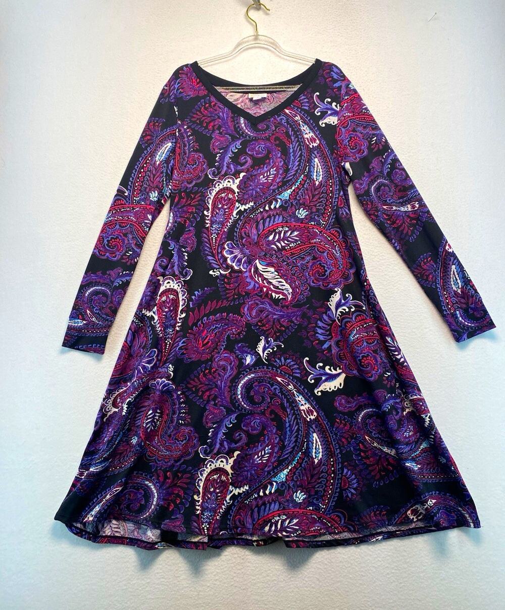 LuLaRoe Women’s S Black Purple Pink Paisley V-Neck A-Line Dress cozy feminine